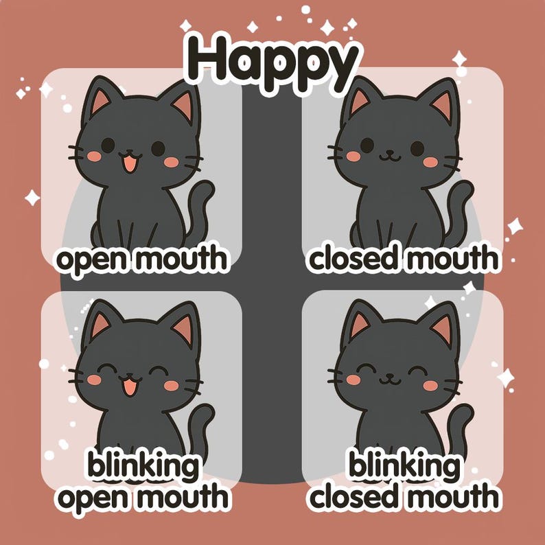 May include: A square graphic with four panels, each featuring a cartoon black cat with pink cheeks. The top panels read "Happy" in white text. The bottom panels show the cat with open and closed mouths, and blinking with open and closed mouths.