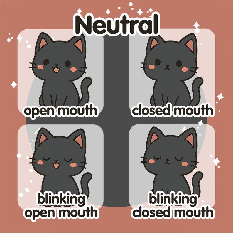 May include: A cartoon illustration featuring four panels with a black cat in different expressions. The cat's mouth is open or closed, and eyes are blinking or not. The word "Neutral" is at the top.