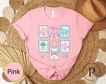 Coquette Seashell Stamp T-Shirt, Sea Shell Shirt, Summer Beach Vacay Shirt, Beach Lover Tee, Summer Vibes Tee, Ocean Life Shirt, Ocean Tee