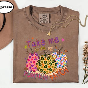 a brown t-shirt with a colorful pumpkin patch design, along with a hat and some flowers.