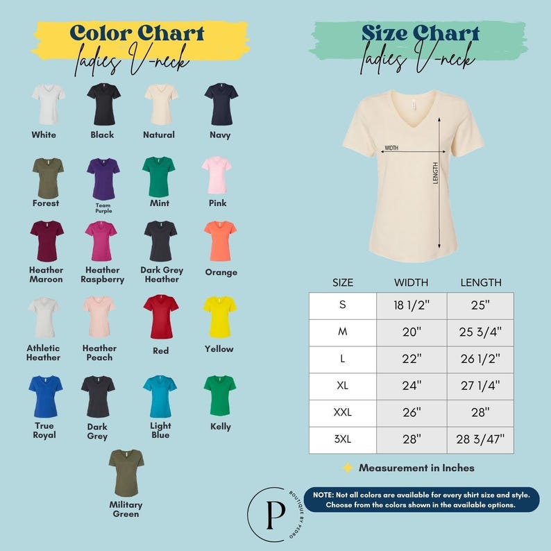 The image is a color chart for ladies' V-neck tops, displaying various color options and corresponding measurements in inches.