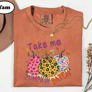 a brown t-shirt with a colorful pumpkin patch design, along with a hat and some flowers.