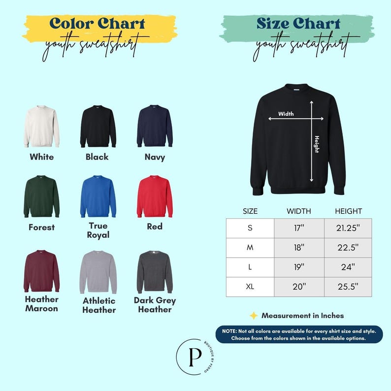 The image is a color chart and size chart for youth sweatshirts, displaying various color options and corresponding measurements for each color.