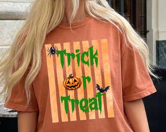 Trick or Treat Shirt, Comfort Colors® Halloween Tshirt Womens Halloween Top Preppy Halloween Shirt Retro Halloween Graphic Tee Spooky Season