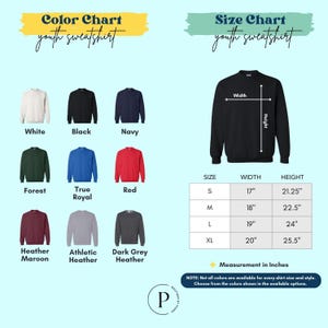 The image is a color chart and size chart for youth sweatshirts, displaying various color options and corresponding measurements for each color.