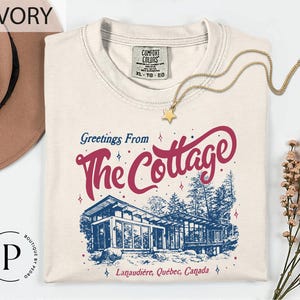 Greetings From The Cottage T-Shirt, Lanaudiere Quebec Canada Sweatshirt, Nature Sketch Top, White Crewneck Rustic Scenery Pullover Top