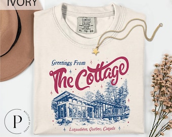 Greetings From The Cottage T-Shirt, Lanaudiere Quebec Canada Sweatshirt, Nature Sketch Top, White Crewneck Rustic Scenery Pullover Top