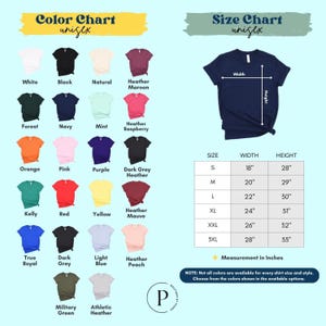 The image is a color chart and size chart for a variety of t-shirt designs, including different colors and sizes. The chart provides a visual representation of the available color options and corresponding measurements for each design.