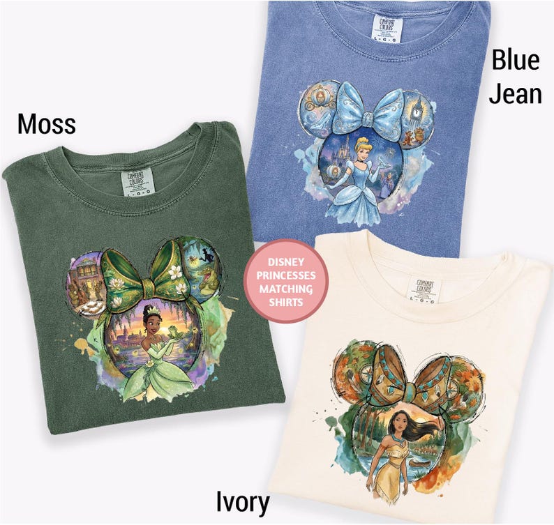 four Disney Princess matching shirts, each with a different design and color. The shirts are arranged in a way that showcases the unique designs and colors of the Disney princess characters.