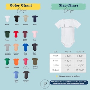 The image is a color chart and size chart for baby onesies, providing a visual guide for selecting the appropriate size based on the color and style of the onesie.