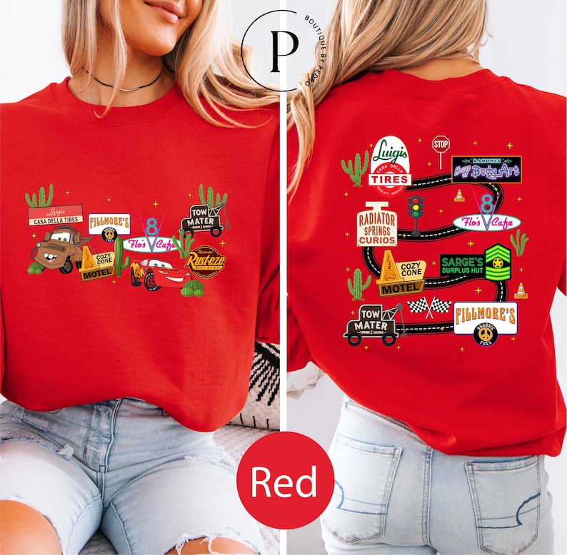 a red t-shirt with various car-related logos and text, including a red car, a red radiator, and a red tire.