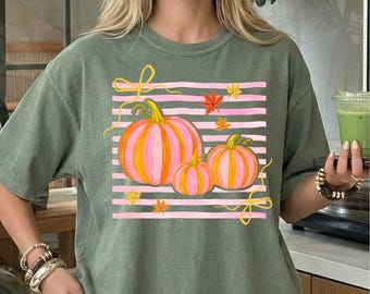 Comfort Colors® Fall Pumpkin Shirt, Striped Coquette Bow Pumpkin Tee, Preppy Autumn Fall Sweatshirt, Retro Fall Graphic Tee, Pumpkin Season
