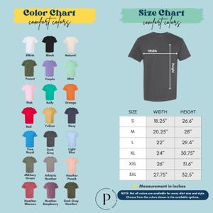 The image is a color chart and size chart for a t-shirt, providing a visual representation of different color options and corresponding measurements for various shirt sizes.