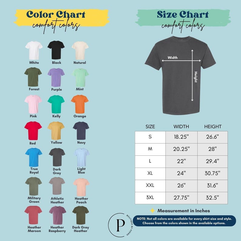 The image is a color chart and size chart for a t-shirt, providing a visual representation of different color options and corresponding measurements for various shirt sizes.