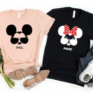Mickey and Minnie With Sunglasses Custom Name Shirt, Sunglasses Mickey Mouse Couple Sweater, Disney Mickey Head Sweatshirt, Family Trip