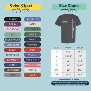The image is a color chart and size chart for a t-shirt, providing a visual representation of different color options and corresponding measurements.