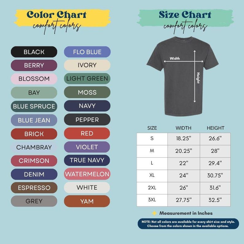 The image is a color chart and size chart for a t-shirt, providing a visual representation of different color options and corresponding measurements.