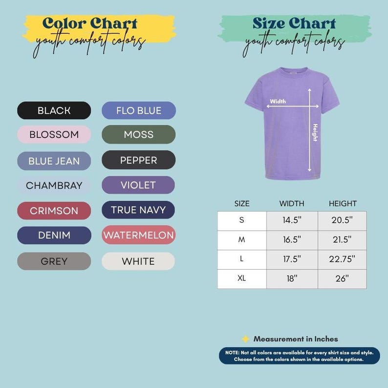 The image is a color chart and size chart for youth comfort colors, providing a visual guide for selecting the appropriate color and size for a shirt.