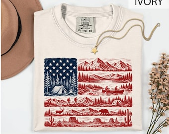 Comfort Colors National Parks Shirt, American Flag Mountain Graphic Tee, Patriotic Camping Sweatshirt, USA Hiking Tee Outdoor Adventure Gift