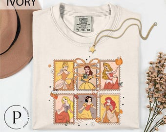Disney Princess Fall Coquette Bow Stamps T-Shirt, Disney Fall Season Princesses Tee, Disney Girls Trip Fall Tee, Pumpkin Season Disney Shirt