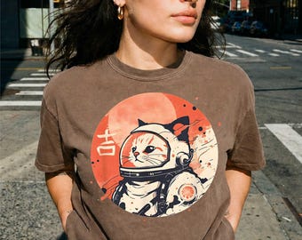 Japanese Space Cat Comfort Colors Shirt, Good Luck Kanji Shirt, Sci Fi Aesthetic Lucky Symbol Tee Japanese Cat Graphic Tee Mid Century Style