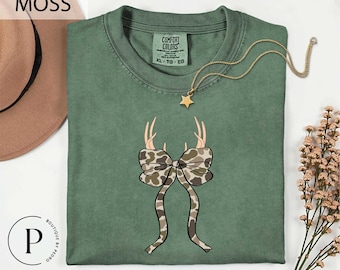 Comfort Colors Camo Bow T-Shirt, Camo Coquette Bow Shirt, Duck Hunting Shirt, Women's Camouflage Bow Sweatshirt, Camouflage Bow Shirt