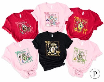 Coquette Bows Disney All Princesses Characters Matching  T-Shirt, Comfort Colors Cinderella Snow White Ariel Rapunzel Tee, Disney Trip Tee