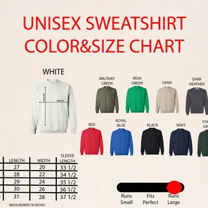 Peut inclure: Un tableau des tailles et couleurs pour sweat-shirts unisexes. Le tableau pr&eacute;sente diverses couleurs, dont le blanc, le vert militaire et le rouge. Les mesures sont en pouces, avec des tailles allant de petit &agrave; 2X-large. Le texte "UNISEX SWEATSHIRT COLOR & SIZE CHART" est en haut.