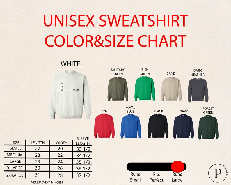 Peut inclure: Un tableau des tailles et couleurs pour sweat-shirts unisexes. Le tableau pr&eacute;sente diverses couleurs, dont le blanc, le vert militaire et le rouge. Les mesures sont en pouces, avec des tailles allant de petit &agrave; 2X-large. Le texte "UNISEX SWEATSHIRT COLOR & SIZE CHART" est en haut.