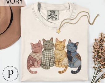 FAUX Patchwork Cat Sweatshirt, Quilt Style Kitty Top, Cottagecore Graphic Shirt, Retro Crewneck Cat Shirt, Cottagecore Cat Lover Sweatshirt