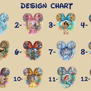 a design chart with various Disney character-themed illustrations, each accompanied by a number. The illustrations depict different Disney princesses and characters, such as Belle, Snow White, and Cinderella. The chart provides a visual representation of the different designs or styles associated with these characters.