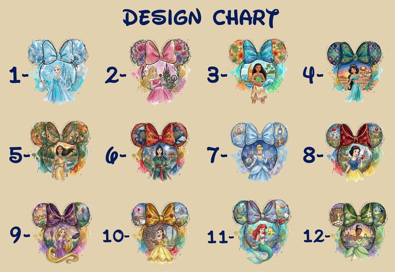 a design chart with various Disney character-themed illustrations, each accompanied by a number. The illustrations depict different Disney princesses and characters, such as Belle, Snow White, and Cinderella. The chart provides a visual representation of the different designs or styles associated with these characters.