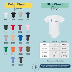The image is a color chart and size chart for a one-piece outfit, specifically a onesie. The chart displays various color options and corresponding measurements for each color, along with a list of available colors for different sizes.