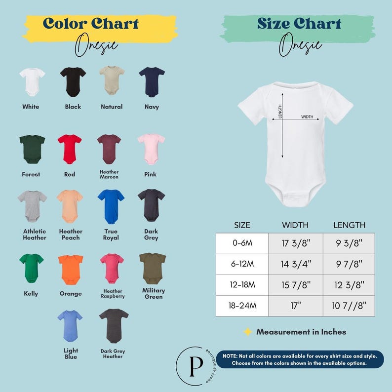 The image is a color chart and size chart for a one-piece outfit, specifically a onesie. The chart displays various color options and corresponding measurements for each color, along with a list of available colors for different sizes.