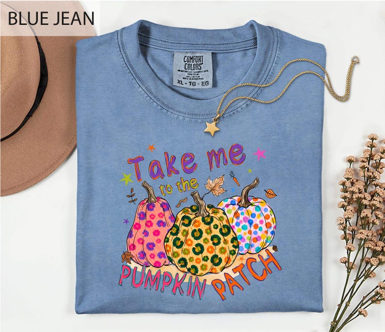A blue t-shirt with a pumpkin patch design and the text "Take me to the pumpkin patch" printed on it, along with a necklace and a hat.
