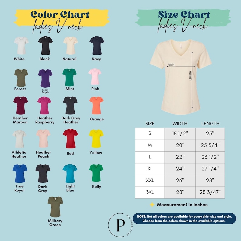 The image is a color chart for ladies' V-neck tops, displaying various color options and corresponding measurements in inches.