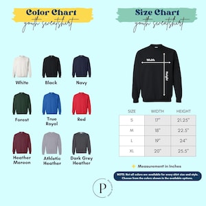 The image is a color chart and size chart for youth sweatshirts, displaying various color options and corresponding measurements for each color.