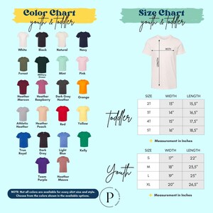 The image is a color chart for youth and toddler t-shirts, displaying various color options and corresponding measurements for different age groups.