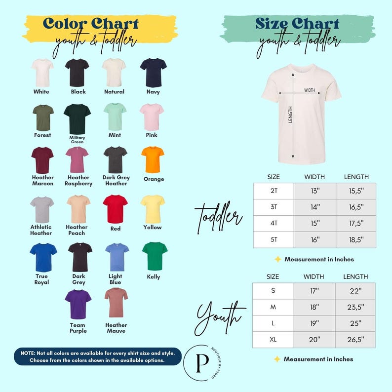 The image is a color chart for youth and toddler t-shirts, displaying various color options and corresponding measurements for different age groups.