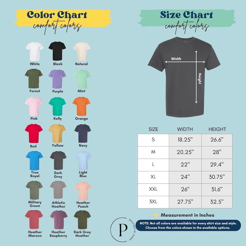 The image is a color chart and size chart for a t-shirt, providing a visual representation of different color options and corresponding measurements for various shirt sizes.