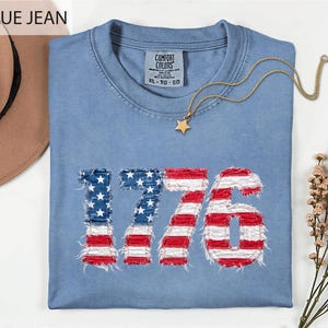 Comfort Colors Distressed FAUX Patchwork 1776 USA Flag T-Shirt, Retro Patriotic Graphic Top, American Shirt, 4th of July Shirt, July 4th Trr