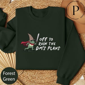 A green sweatshirt with a cartoon frog character and the text "Off to ruin the dm's plans" printed on it.