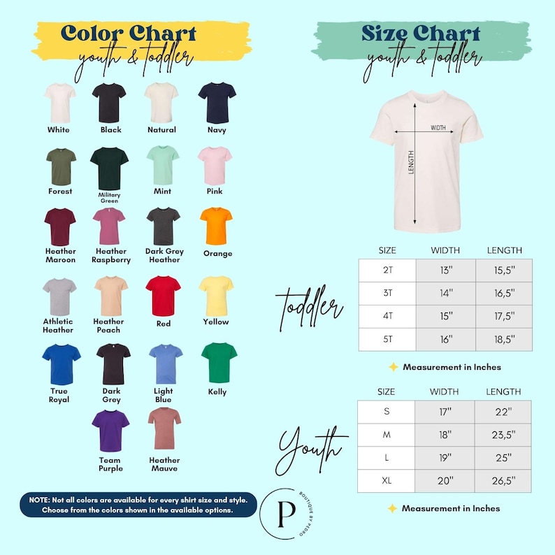 The image is a color chart for youth and toddler t-shirts, displaying various color options and corresponding measurements for different age groups.