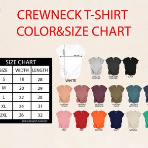 Peut inclure: Un tableau des couleurs et tailles pour les t-shirts &agrave; col ras du cou. Le tableau pr&eacute;sente diff&eacute;rentes couleurs de t-shirts, dont le blanc, le noir et le marine, avec des tailles allant de S &agrave; 2XL. Les mesures sont en pouces pour la largeur et la longueur.