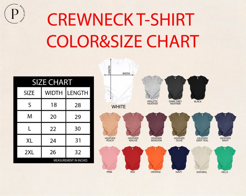 Peut inclure: Un tableau des couleurs et tailles pour les t-shirts &agrave; col ras du cou. Le tableau pr&eacute;sente diff&eacute;rentes couleurs de t-shirts, dont le blanc, le noir et le marine, avec des tailles allant de S &agrave; 2XL. Les mesures sont en pouces pour la largeur et la longueur.