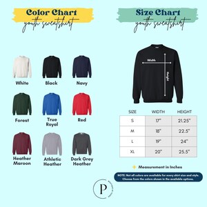 The image is a color chart and size chart for youth sweatshirts, displaying various color options and corresponding measurements for each color.
