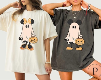 Comfort Colors® Retro Mickey Minnie Halloween Matchibg Couple T-Shirt, Mickey Mouse Ghost Shirt, Minnie Ghost Shirt, Spooky Season Shirt