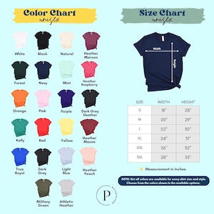 The image is a color chart and size chart for a variety of t-shirt designs, including different colors and sizes. The chart provides a visual representation of the available color options and corresponding measurements for each design.