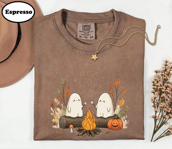Cute Ghost Campfire Shirt, Comfort Colors Halloween Tee, Spooky Season Graphic Shirt, Marshmallow Ghost, Cozy Fall Camping Sweatshirt