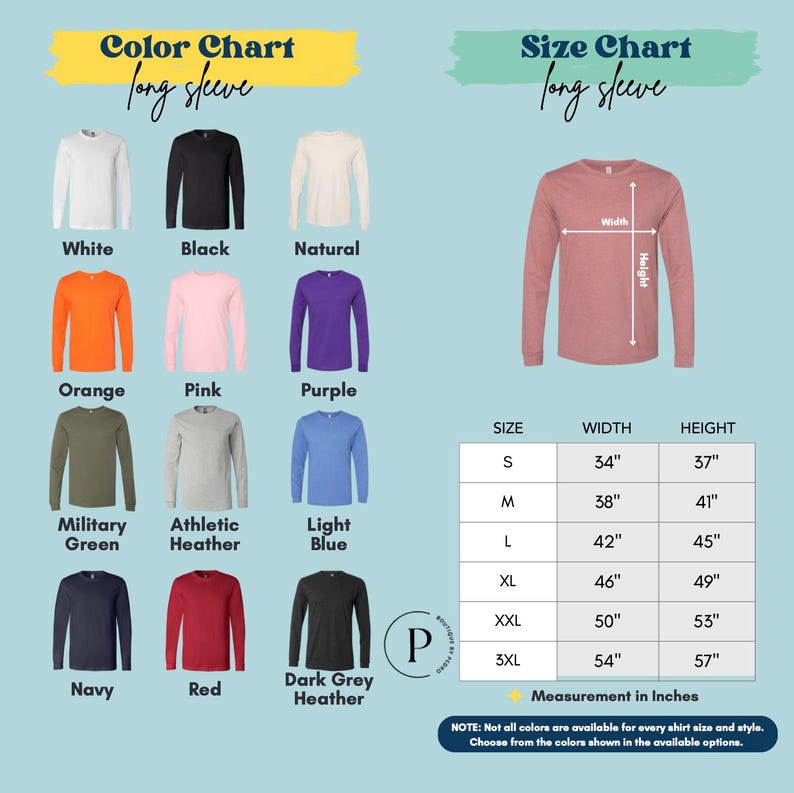 The image is a color chart and size chart for long sleeves, displaying various long sleeve shirts in different colors and sizes.